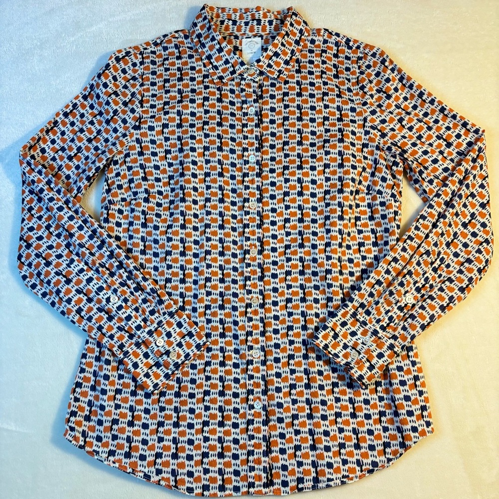 J Crew Women’s Orange and Blue Long Sleeve Button Up Shirt